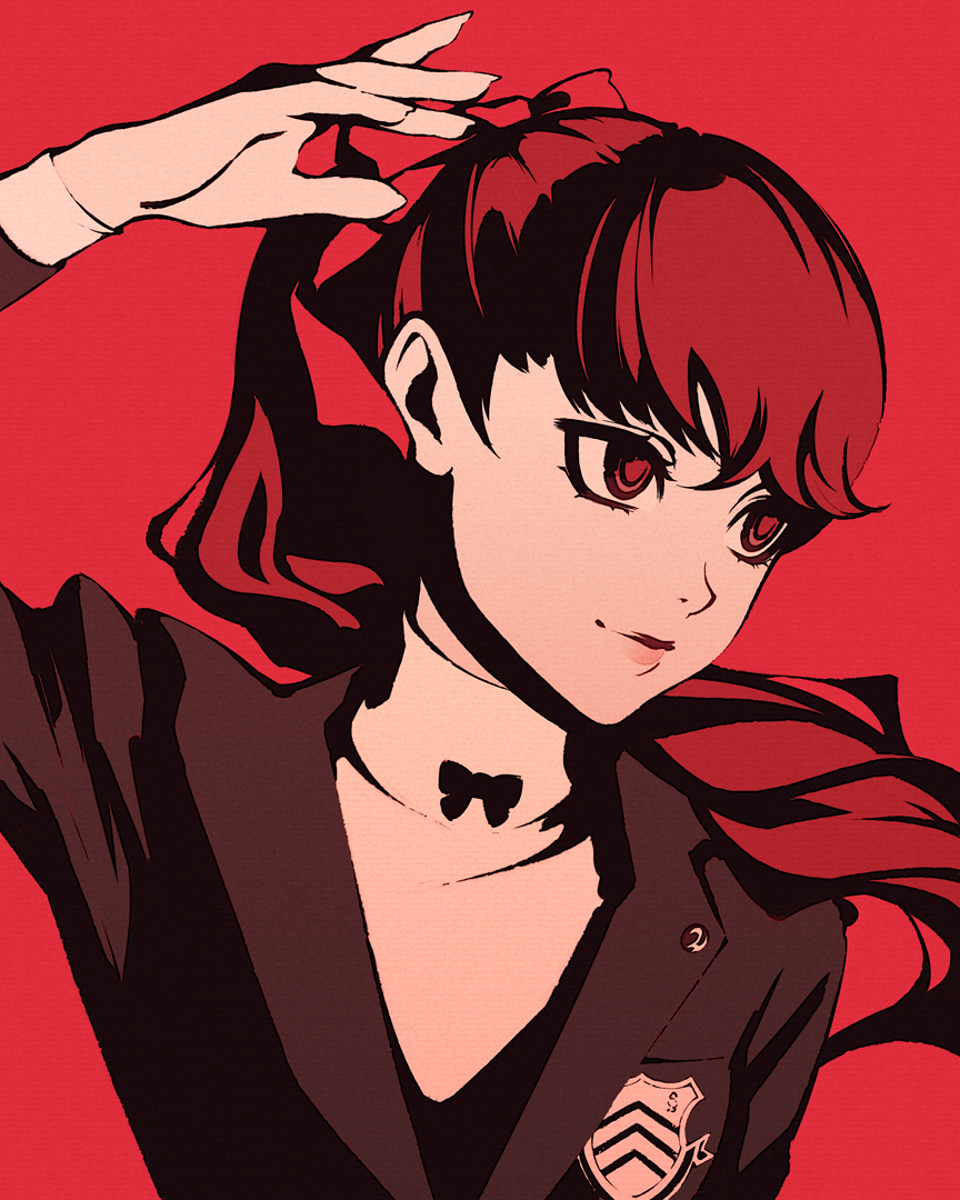 moshimoshibe, yoshizawa kasumi, yoshizawa sumire, persona, persona 5, persona 5 the royal, 1girl, arms up, black jacket, hair ribbon, jacket, long hair, long sleeves, ponytail, portrait, red background, red eyes, red hair, red ribbon, ribbon, school uniform, shuujin academy school uniform, simple background, solo, upper body