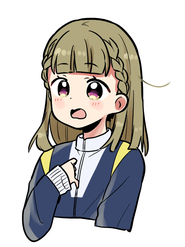 massigura, kachimachi kosuzu, link! like! love live!, love live!, commentary, 1girl, black jacket, blush, braid, brown hair, center-flap bangs, cropped torso, hasu no sora gym uniform, jacket, long hair, long sleeves, open mouth, peanut mouth, purple eyes, side ahoge, side braids, simple background, solo, track jacket, virtual youtuber, white background