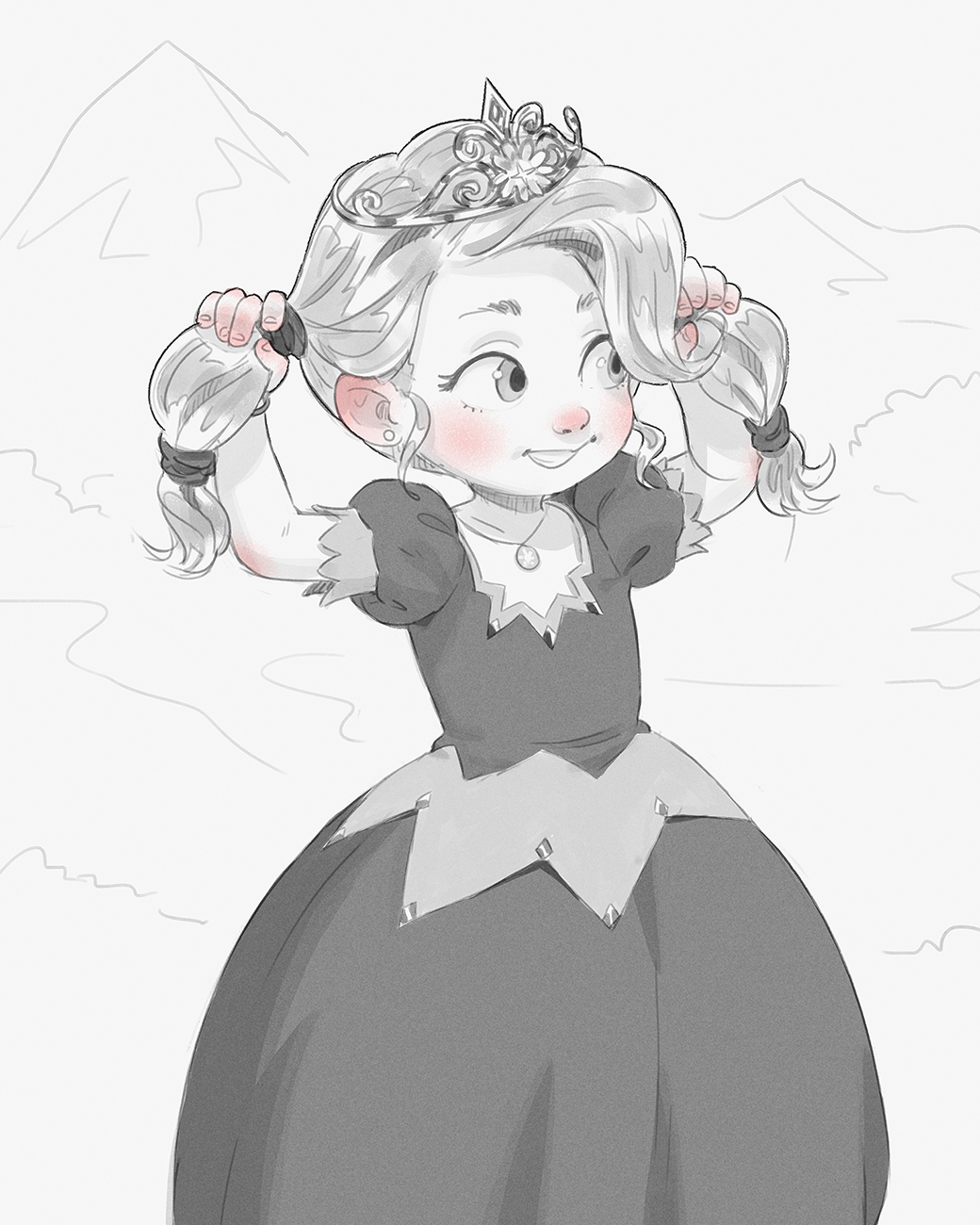 idfer, original, commission, 1girl, blush, dress, earrings, grabbing own hair, grin, holding own hair, jewelry, looking to the side, monochrome, mountain, necklace, princess, puffy sleeves, short hair, short sleeves, smile, standing, teeth, tiara, twintails