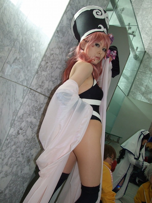 takizawa kazuya, dakki, houshin engi, photo (medium), cosplay, elbow gloves, fingerless gloves, gloves, pink hair, silly hat, thighhighs