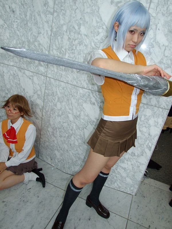 miyu greer, my-hime, photo (medium), blue hair, cosplay, kneehighs, school uniform, serafuku, socks, sword arm, tamaki shuri