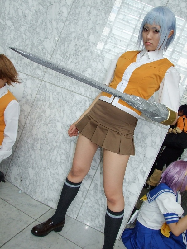 miyu greer, my-hime, photo (medium), blue hair, cosplay, kneehighs, school uniform, serafuku, socks, sword arm, tamaki shuri