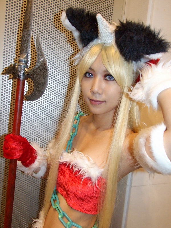 kisaragi towa, riesz, seiken densetsu, seiken densetsu 3, photo (medium), 1girl, animal ears, blonde hair, bra, cat ears, chain, cosplay, female focus, horns, lingerie, polearm, riesz (cosplay), santa costume, single horn, solo, underwear, weapon