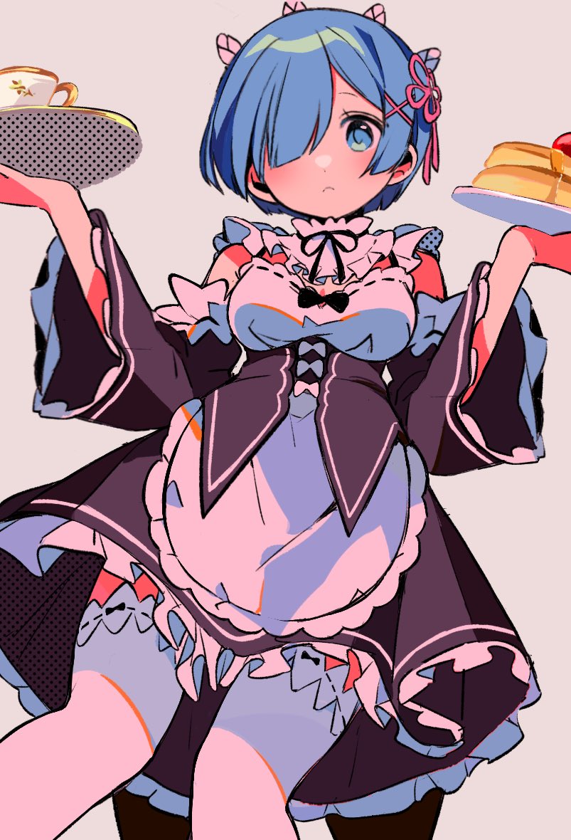 sanamaru (sana79261827), rem (re:zero), re:zero kara hajimeru isekai seikatsu, commentary, symbol-only commentary, 1girl, apron, black dress, black ribbon, blue eyes, blue hair, blush, breasts, closed mouth, cup, detached sleeves, dress, feet out of frame, food, frills, from below, grey background, hair ornament, hair over one eye, hair ribbon, holding, holding plate, holding tray, long sleeves, looking at viewer, maid, maid headdress, medium breasts, pancake, pancake stack, pink ribbon, plate, ribbon, roswaal mansion maid uniform, short hair, simple background, solo, thighhighs, tray, white apron, white thighhighs, wide sleeves, x hair ornament