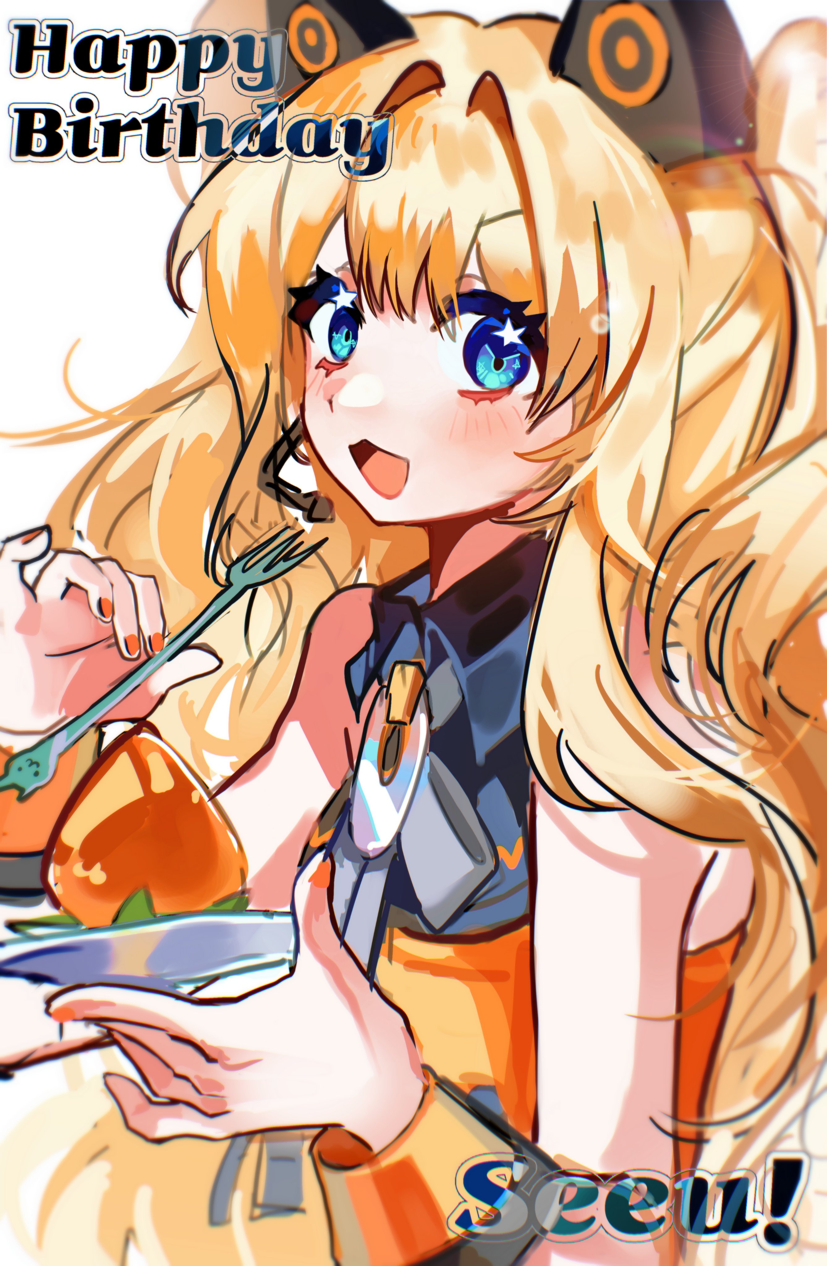 0916psy, seeu, vocaloid, absurdres, commentary request, highres, korean commentary, 1girl, :3, animal ears, blonde hair, blush, cat ears, character name, fake animal ears, fingernails, food, fork, fruit, grey ribbon, happy birthday, holding, holding fork, holding plate, long hair, nail polish, neck ribbon, open mouth, orange nails, plate, ribbon, solo, star (symbol), star in eye, strawberry, symbol in eye, tongue