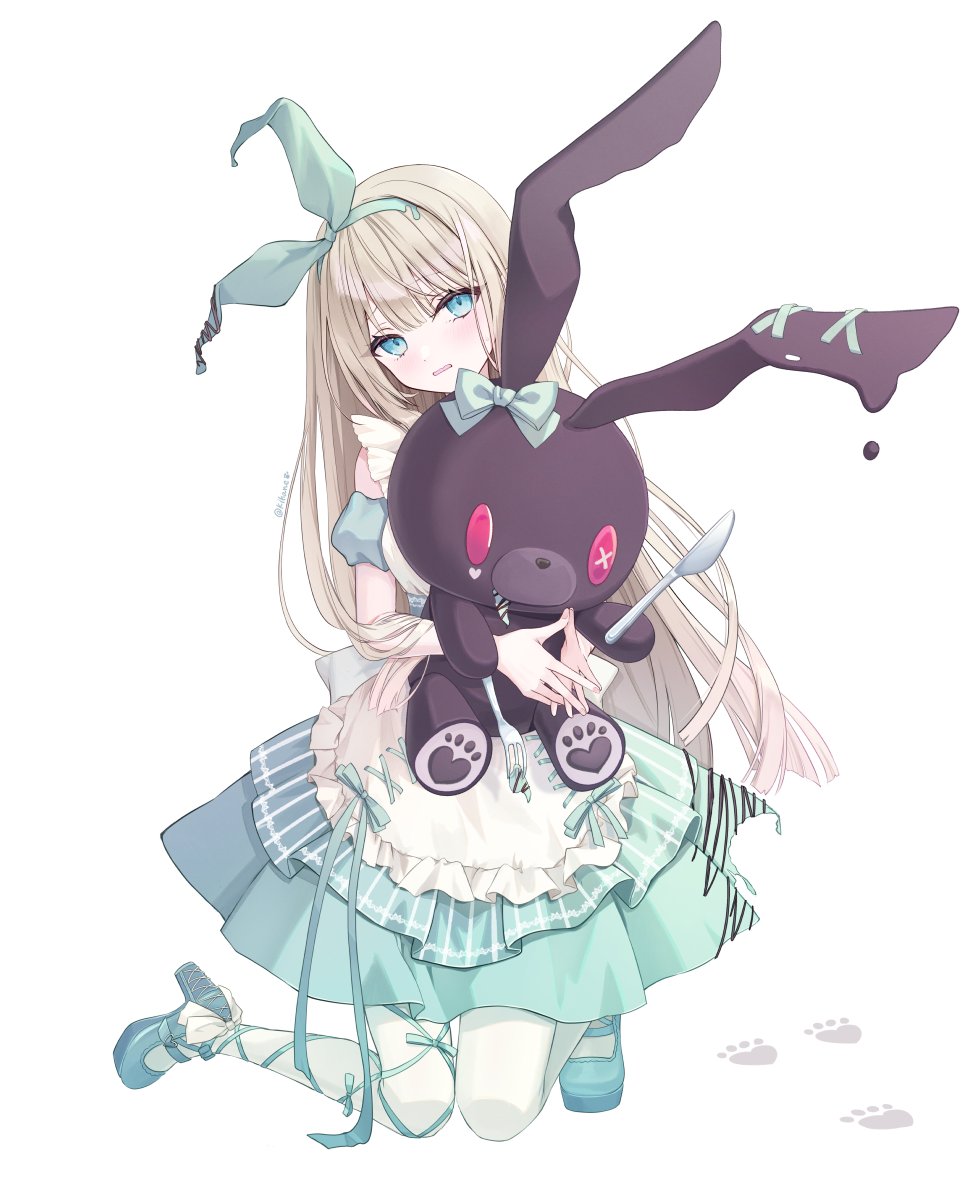tina oekaki, alice (alice in wonderland), alice's adventures in wonderland, highres, 1girl, apron, aqua bow, aqua dress, aqua hairband, aqua ribbon, blonde hair, blue dress, blue eyes, blush, bow, dress, frills, full body, hairband, high heels, holding, holding spoon, holding stuffed toy, hugging object, kneeling, leg ribbon, long hair, looking at viewer, pantyhose, puffy sleeves, ribbon, shoes, simple background, solo, spoon, stuffed animal, stuffed rabbit, stuffed toy, white background, white pantyhose