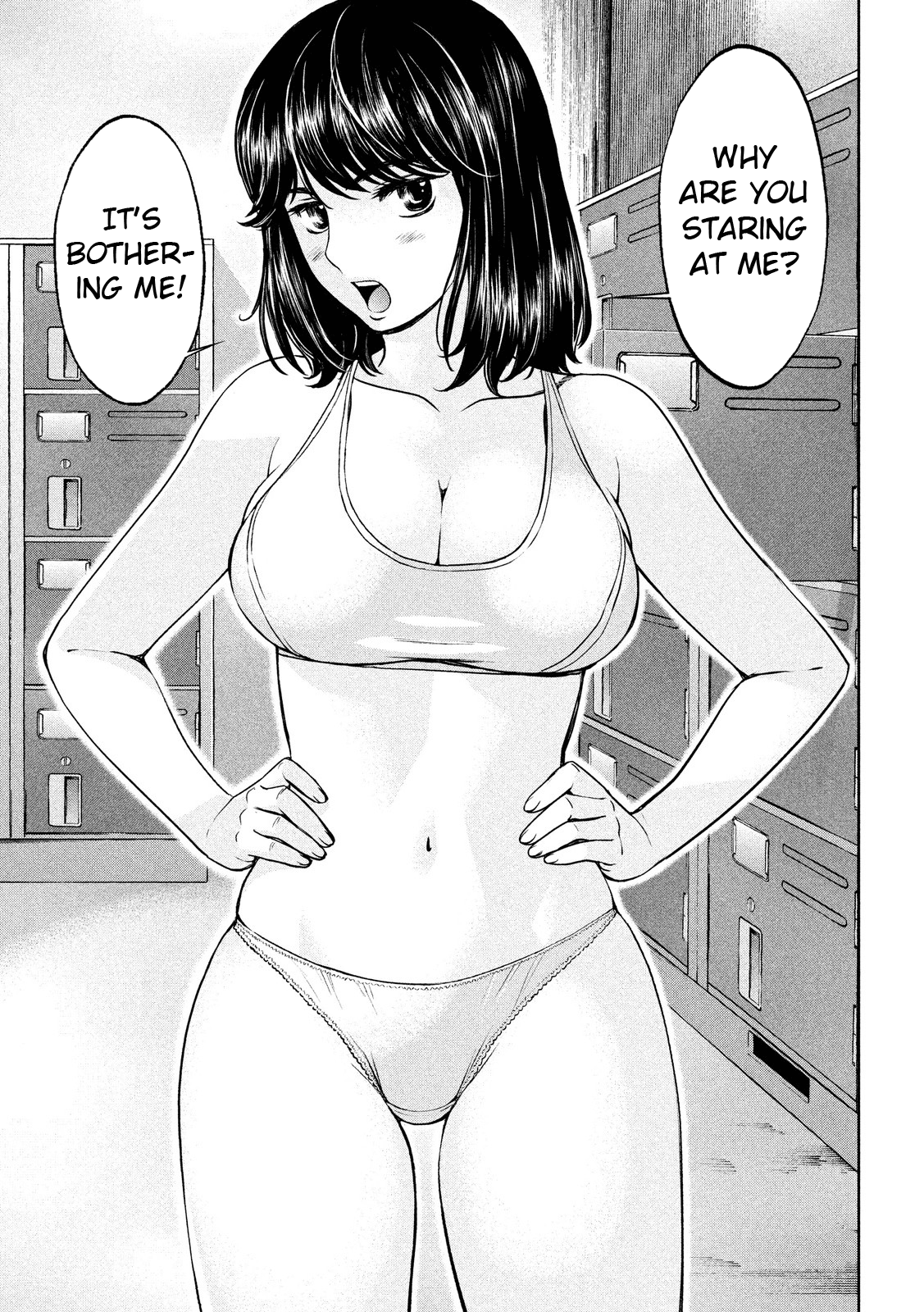 kobayashi hiyoko, amamiya (hantsu x trash), hantsu x trash, highres, non-web source, 1girl, black hair, breasts, large breasts, panties, speech bubble, sports bra, underwear