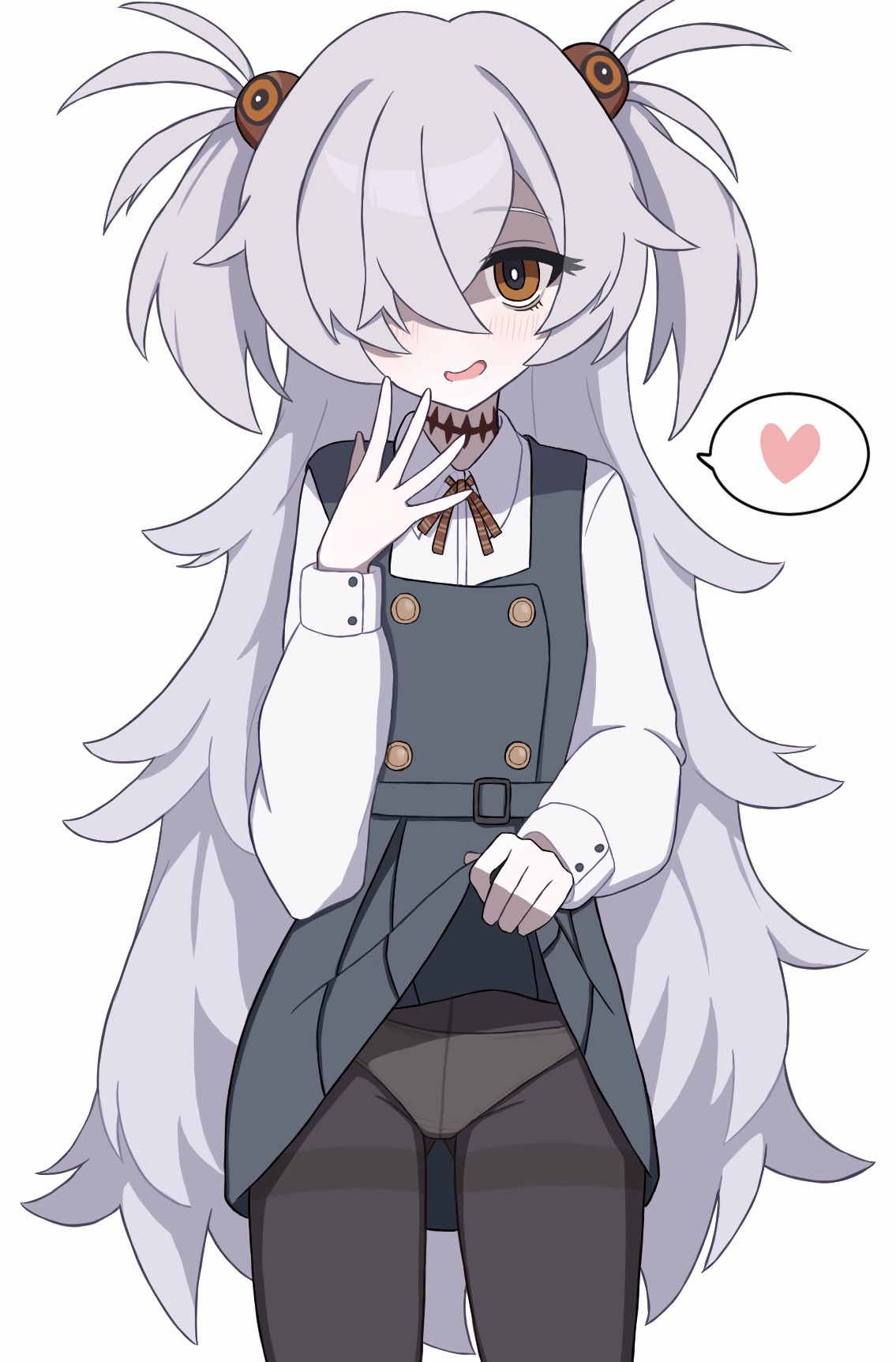 kanoe (blue archive), blue archive, highres, 1girl, absurdly long hair, applique (appu lique), black pantyhose, breasts, clothes lift, grey hair, hair ornament, hair over one eye, heart, long hair, looking at viewer, open mouth, orange eyes, panties, pantyhose, scar, scar on neck, shirt, simple background, skirt, skirt lift, small breasts, smile, solo, solo focus, speech bubble, twintails, underwear, very long hair, white background