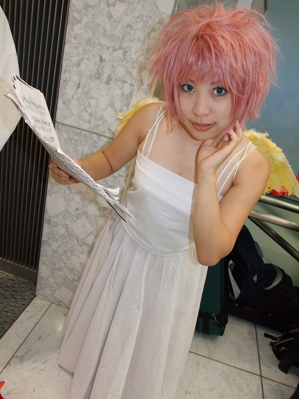 harpy (puyopuyo), sora (model), madou monogatari, puyopuyo, photo (medium), cosplay, dress, harpy, monster girl, pink hair, sheet music, wings