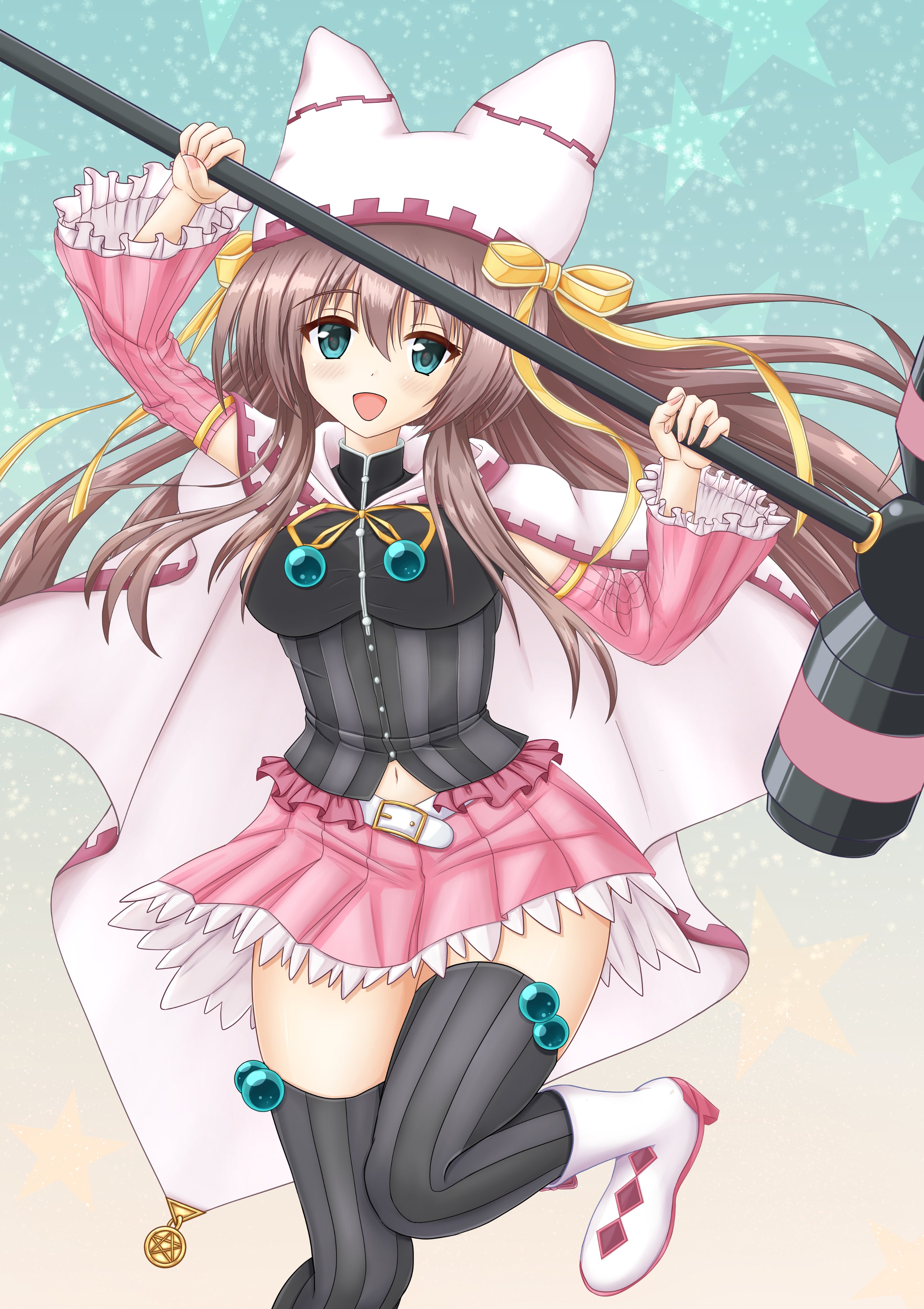 shiiba tsumugi, sanoba witch, absurdres, commentary request, highres, 1girl, :d, animal ear headwear, aqua background, aqua eyes, belt, black shirt, black thighhighs, blush, boots, bow, breasts, brown hair, cape, detached sleeves, fake animal ears, fingernails, floating hair, foot out of frame, frilled skirt, frilled sleeves, frills, gradient background, hair between eyes, hammer, hands up, happy, hat, hat bow, hat ribbon, holding, holding hammer, impossible clothes, knees together feet apart, large breasts, long hair, long sleeves, looking at viewer, magical girl, miniskirt, navel, neck ribbon, no rishi o, open mouth, pink skirt, pink sleeves, pleated skirt, ribbon, shirt, sidelocks, simple background, skirt, sleeveless, sleeveless shirt, smile, solo, standing, standing on one leg, star (symbol), star print, star symbol background, striped clothes, striped thighhighs, thighhighs, thighs, vertical-striped clothes, vertical-striped thighhighs, very long hair, white belt, white boots, white cape, white hat, wide sleeves, yellow bow, yellow ribbon, zettai ryouiki