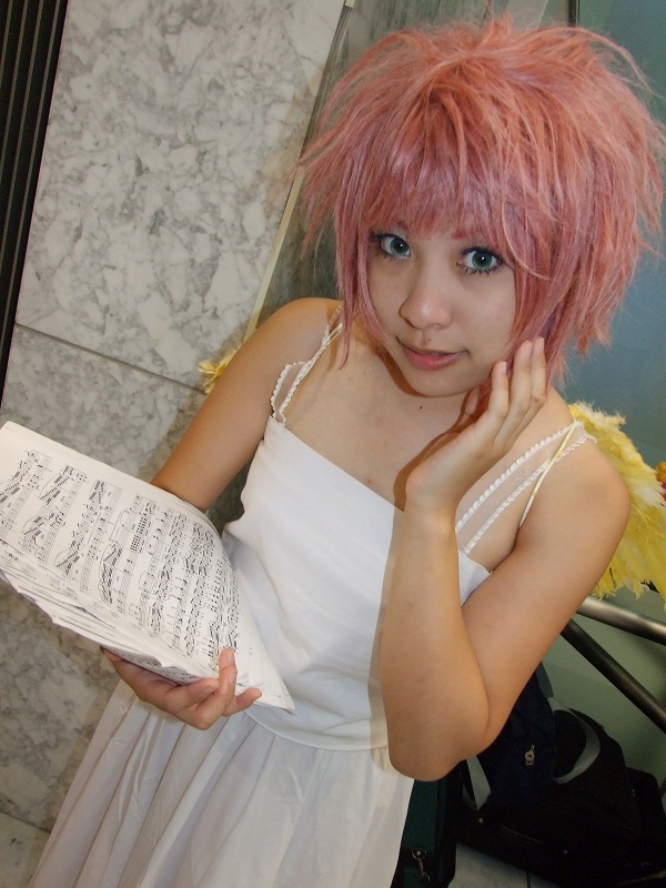 harpy (puyopuyo), sora (model), madou monogatari, puyopuyo, photo (medium), cosplay, dress, harpy, monster girl, pink hair, sheet music, wings