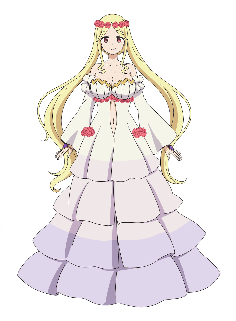 oosawa mina, highres, official art, 1girl, anime coloring, bare shoulders, blonde hair, blush, breasts, chichi wa eiyuu haha wa seirei musume no watashi wa tenseisha, cleavage, closed mouth, clothing cutout, dress, flower, full body, hair flower, hair ornament, large breasts, long dress, long hair, long sidelocks, long sleeves, looking at viewer, navel, navel cutout, off-shoulder dress, off shoulder, open hands, origin (chichi wa eiyuu), parted bangs, red eyes, red flower, red rose, rose, sidelocks, simple background, smile, solo, standing, tachi-e, transparent background, very long hair, white dress