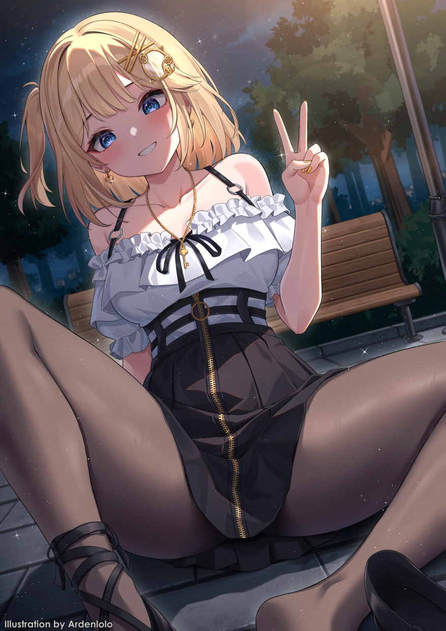 ardenlolo, watson amelia, watson amelia (street casual), hololive, hololive english, commentary, commentary request, english commentary, highres, mixed-language commentary, paid reward available, 1girl, :d, bench, black pantyhose, black shoes, black skirt, blonde hair, blue eyes, breasts, earrings, fallen down, frilled shirt, frills, grin, hair ornament, hairclip, hand up, heart, heart earrings, high-waist skirt, jewelry, knee up, large breasts, looking at viewer, medium hair, necklace, night, off-shoulder shirt, off shoulder, official alternate costume, official alternate hairstyle, on ground, one side up, open mouth, outdoors, pantyhose, park, park bench, shirt, shirt tucked in, shoes, single shoe, sitting, skirt, smile, strappy heels, suspender skirt, suspenders, v, virtual youtuber, white shirt, zipper skirt