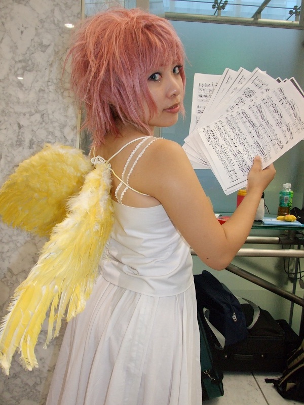 sora (model), madou monogatari, puyopuyo, photo (medium), cosplay, dress, harpy, monster girl, pink hair, sheet music, wings