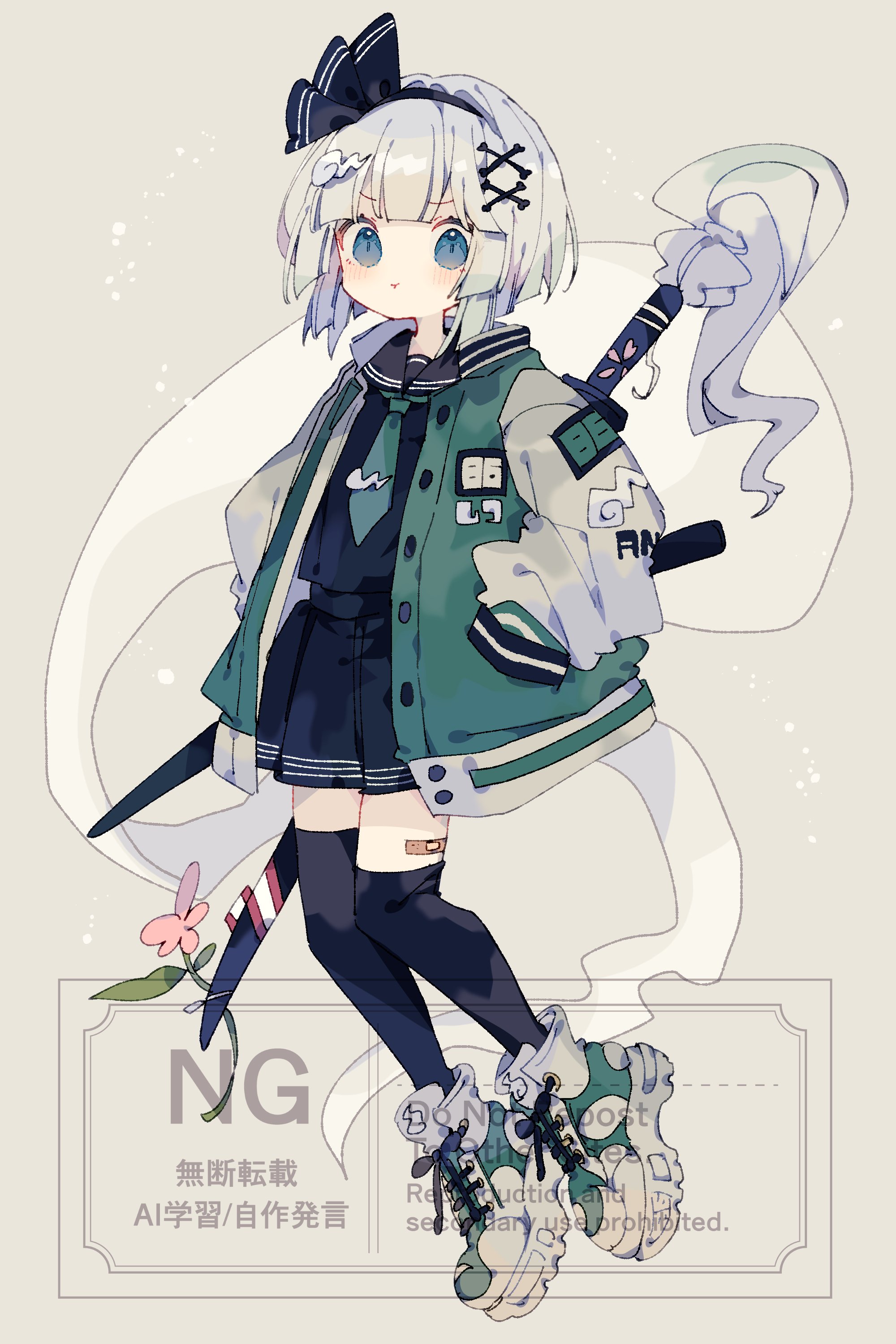 nikorashi-ka, konpaku youmu, konpaku youmu (ghost), touhou, absurdres, commentary, highres, 1girl, :t, bandaid, bandaid on leg, black hairband, black sailor collar, black serafuku, black shirt, black skirt, black thighhighs, blue eyes, blush, bow hairband, closed mouth, full body, green jacket, green necktie, green shoes, grey background, grey hair, hairband, hand in pocket, jacket, long sleeves, looking at viewer, necktie, open clothes, open jacket, pleated skirt, sailor collar, school uniform, serafuku, sheath, shirt, shoes, short hair, simple background, skirt, sneakers, solo, sword, thighhighs, watermark, weapon, zettai ryouiki