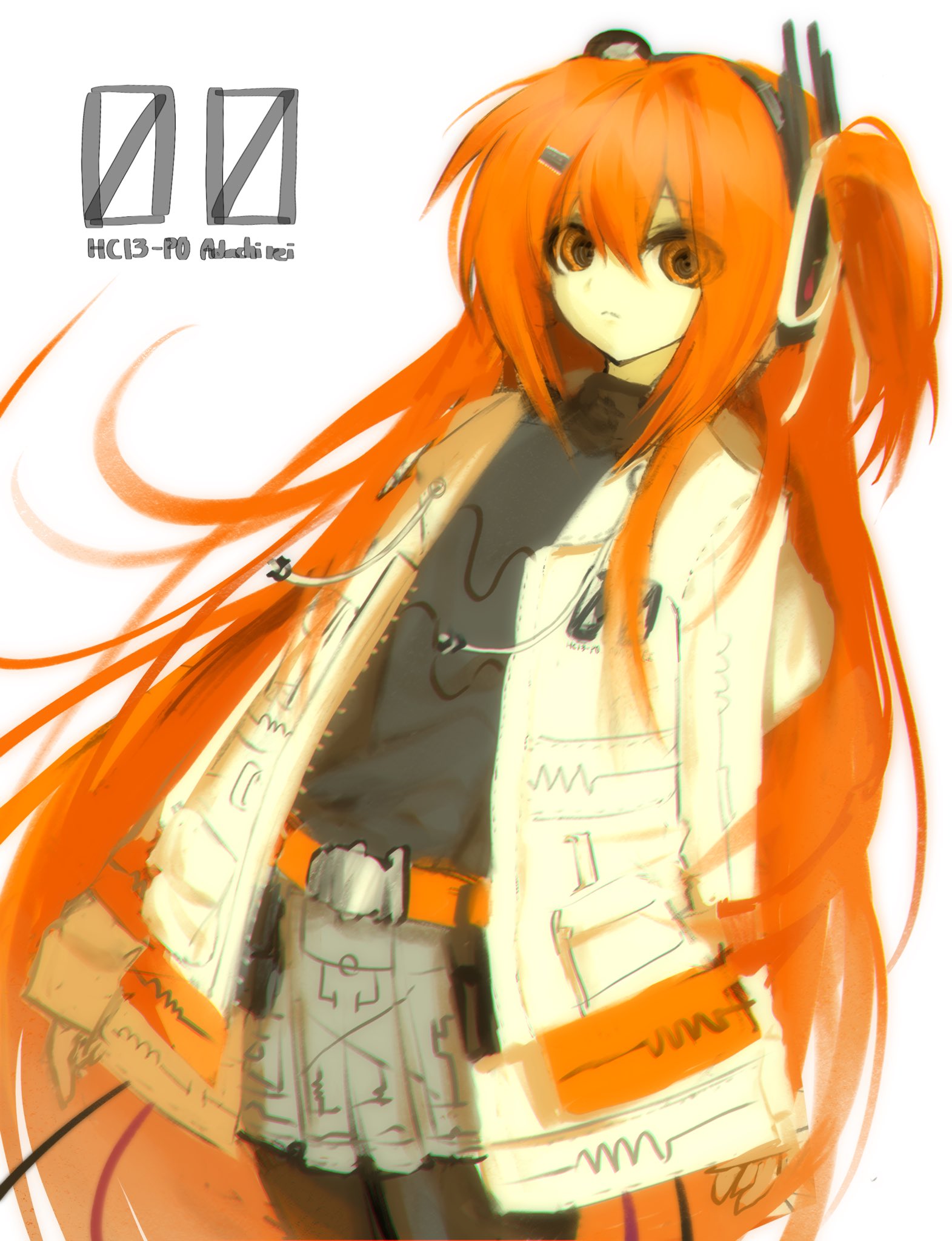 bb0ng825, adachi rei, a.i. voice, utau, highres, 1girl, alternate hair length, alternate hairstyle, android, arms at sides, belt, belt pouch, black leggings, black pantyhose, black shirt, cable, character name, closed mouth, cowboy shot, empty eyes, expressionless, floating hair, gloves, grey skirt, hair between eyes, hair ornament, hair ribbon, hairclip, headlamp, headphones, headset, hood, hood down, hooded jacket, jacket, leggings, long hair, long sleeves, looking at viewer, one side up, open clothes, open jacket, orange belt, orange eyes, orange hair, pantyhose, pleated skirt, pouch, radio antenna, ribbon, shirt, simple background, skirt, solo, turtleneck, very long hair, white background, white gloves, white jacket, white ribbon