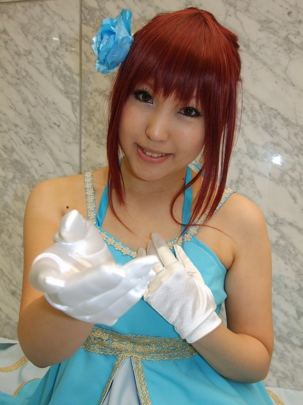 hino kahoko, moeka (cosplayer), kiniro no corda, photo (medium), cosplay, dress, flower, gloves, gown, hair flower, hair ornament, red hair