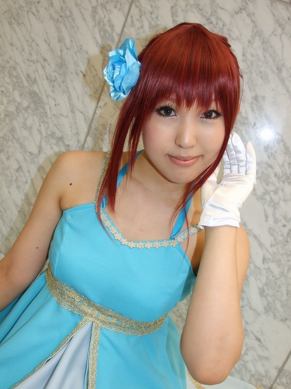 hino kahoko, moeka (cosplayer), kiniro no corda, photo (medium), cosplay, dress, flower, gloves, gown, hair flower, hair ornament, red hair
