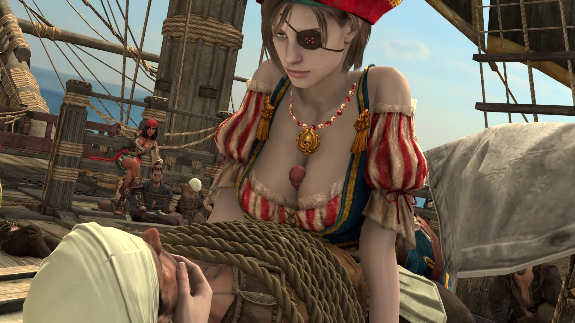 howlsfm, jill valentine, neith (smite), resident evil, resident evil: revelations, smite, animated, tagme, video, bdsm, bondage, bound, breasts, crossover, cum, cum on body, cum on breasts, cum on upper body, femdom, official alternate costume, paizuri, pirate, rope, ship, watercraft