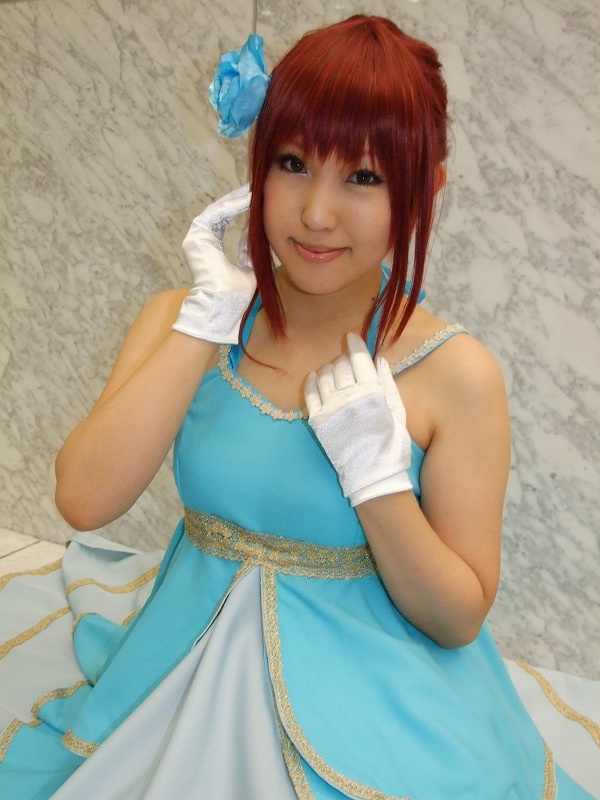 hino kahoko, moeka (cosplayer), kiniro no corda, photo (medium), cosplay, dress, flower, gloves, gown, hair flower, hair ornament, red hair