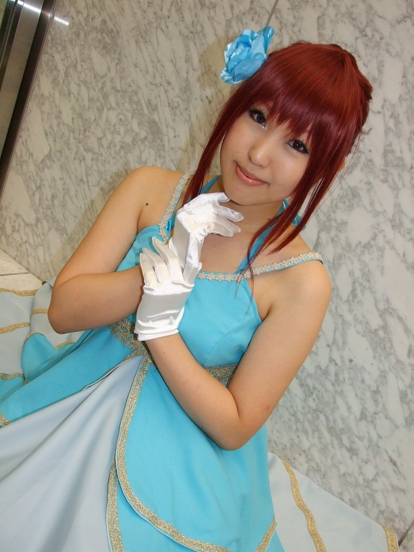 hino kahoko, moeka (cosplayer), kiniro no corda, photo (medium), cosplay, dress, flower, gloves, gown, hair flower, hair ornament, red hair