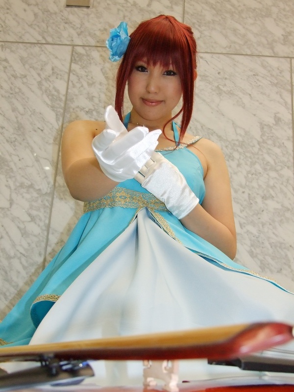 hino kahoko, moeka (cosplayer), kiniro no corda, photo (medium), cosplay, dress, flower, gloves, gown, hair flower, hair ornament, instrument, red hair, violin
