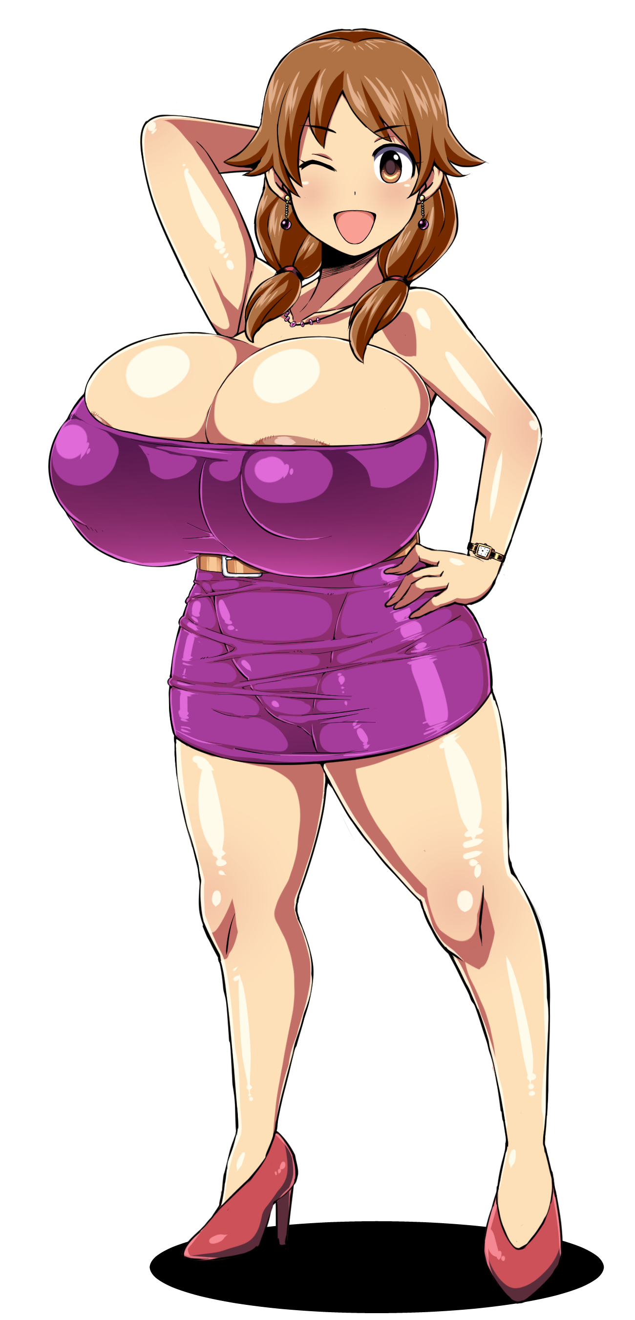 amazon (taitaitaira), katagiri sanae, idolmaster, idolmaster cinderella girls, tagme, 1boy, 1girl, arm behind head, arm up, armpit crease, bare arms, bare shoulders, belt, blush, breasts, brown eyes, brown hair, cleavage, dress, earrings, faceless, faceless male, gigantic breasts, hand on own hip, height chart, height difference, high heels, huge breasts, jewelry, large areolae, legs, long hair, looking at another, looking at viewer, necklace, one eye closed, open mouth, purple dress, purple skirt, red shoes, shoes, simple background, size difference, skirt, smile, tall male, thighs, tight clothes, twintails, watch
