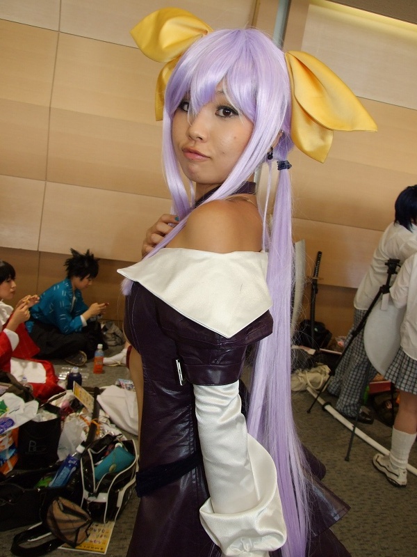 dizzy (guilty gear), arc system works, guilty gear, photo (medium), belt bra, bow, cosplay, dress, hair bow, onihara akira, open clothes, open dress, purple hair