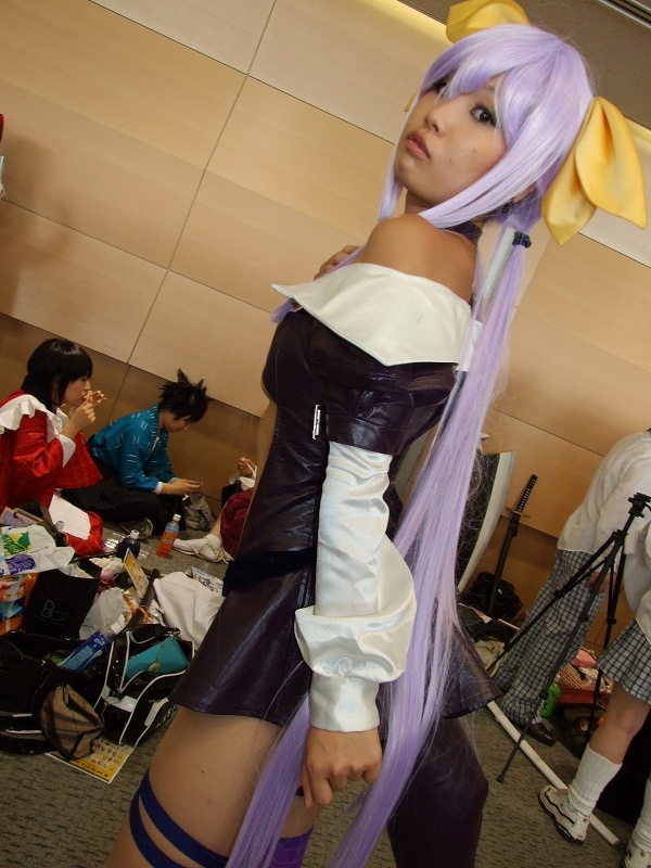 dizzy (guilty gear), arc system works, guilty gear, photo (medium), belt bra, bow, cosplay, dress, hair bow, onihara akira, open clothes, open dress, purple hair, thighhighs