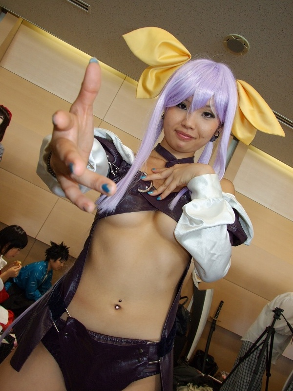 dizzy (guilty gear), arc system works, guilty gear, photo (medium), belt bra, bow, breasts, cosplay, dress, hair bow, onihara akira, open clothes, open dress, purple hair, thighhighs, underboob
