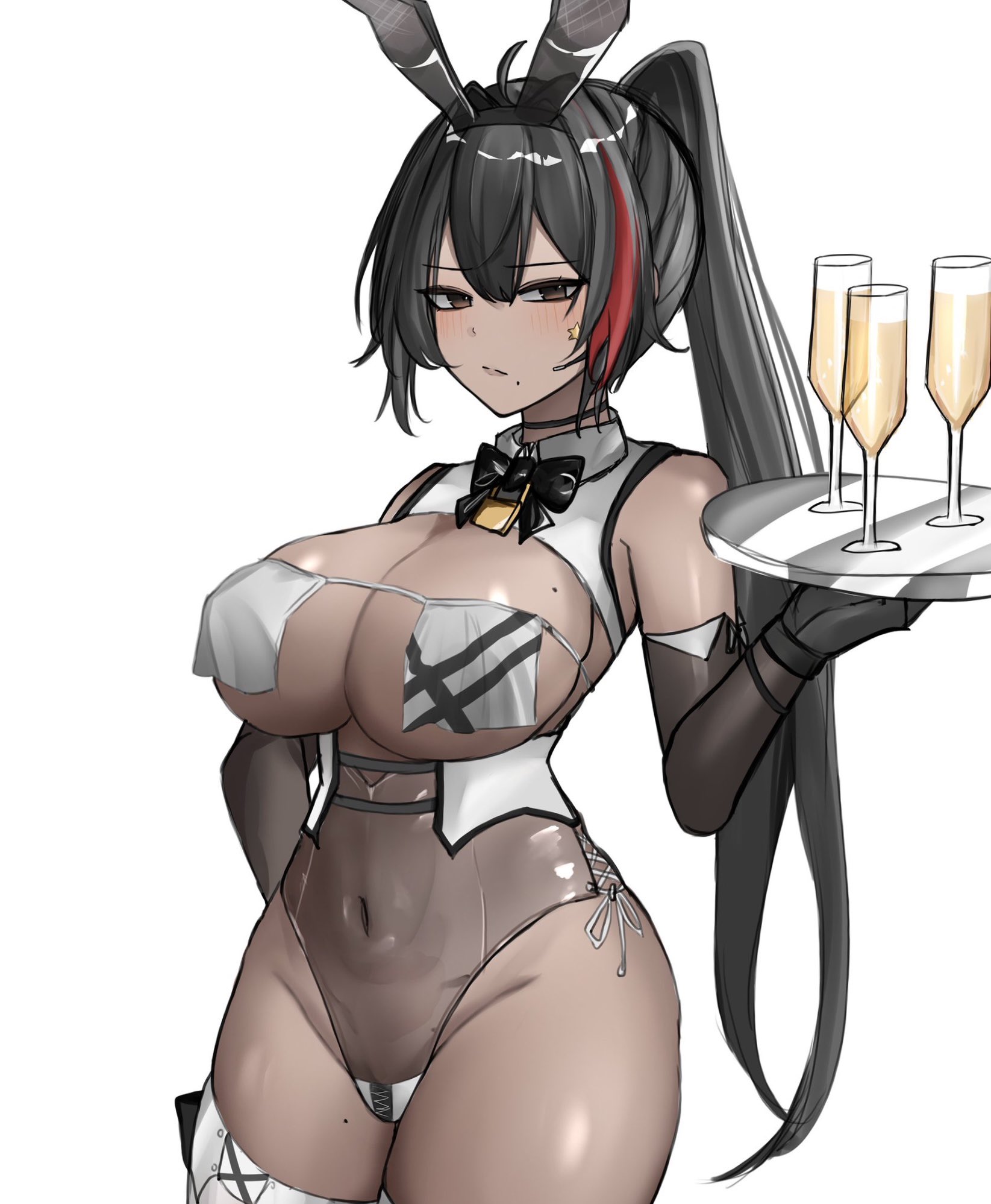 rebanira0330, bay (nikke), bay (radiant rabbit) (nikke), goddess of victory: nikke, commentary request, highres, 1girl, alcohol, animal ears, black bow, black bowtie, black gloves, black hair, bow, bowtie, breast curtains, breasts, brown eyes, champagne, champagne flute, cup, dark-skinned female, dark skin, drinking glass, elbow gloves, fake animal ears, gloves, holding, holding plate, large breasts, leotard, long hair, navel, official alternate costume, plate, playboy bunny, ponytail, rabbit ears, see-through clothes, see-through leotard, simple background, solo, thighs, very long hair, white background