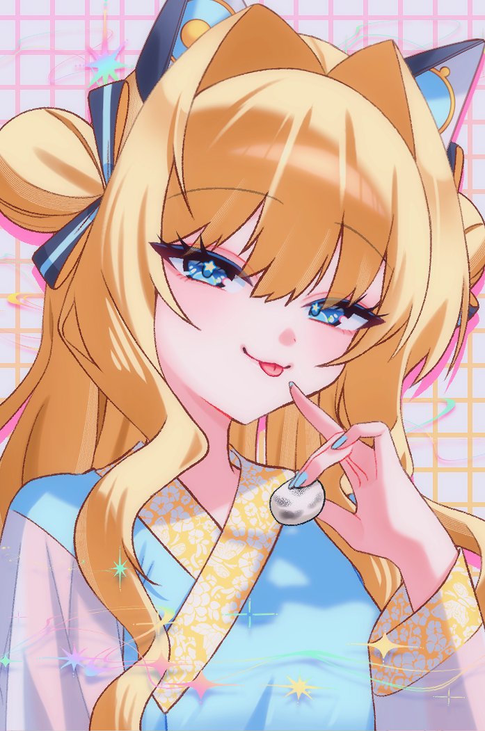 decora (decopining), seeu, vocaloid, commentary request, korean commentary, 1girl, :3, animal ears, blonde hair, blue eyes, cat ears, fake animal ears, fingernails, grid, hair between eyes, hair intakes, holding, long hair, looking at viewer, nail polish, sidelocks, solo, star (symbol), star in eye, symbol in eye, tongue