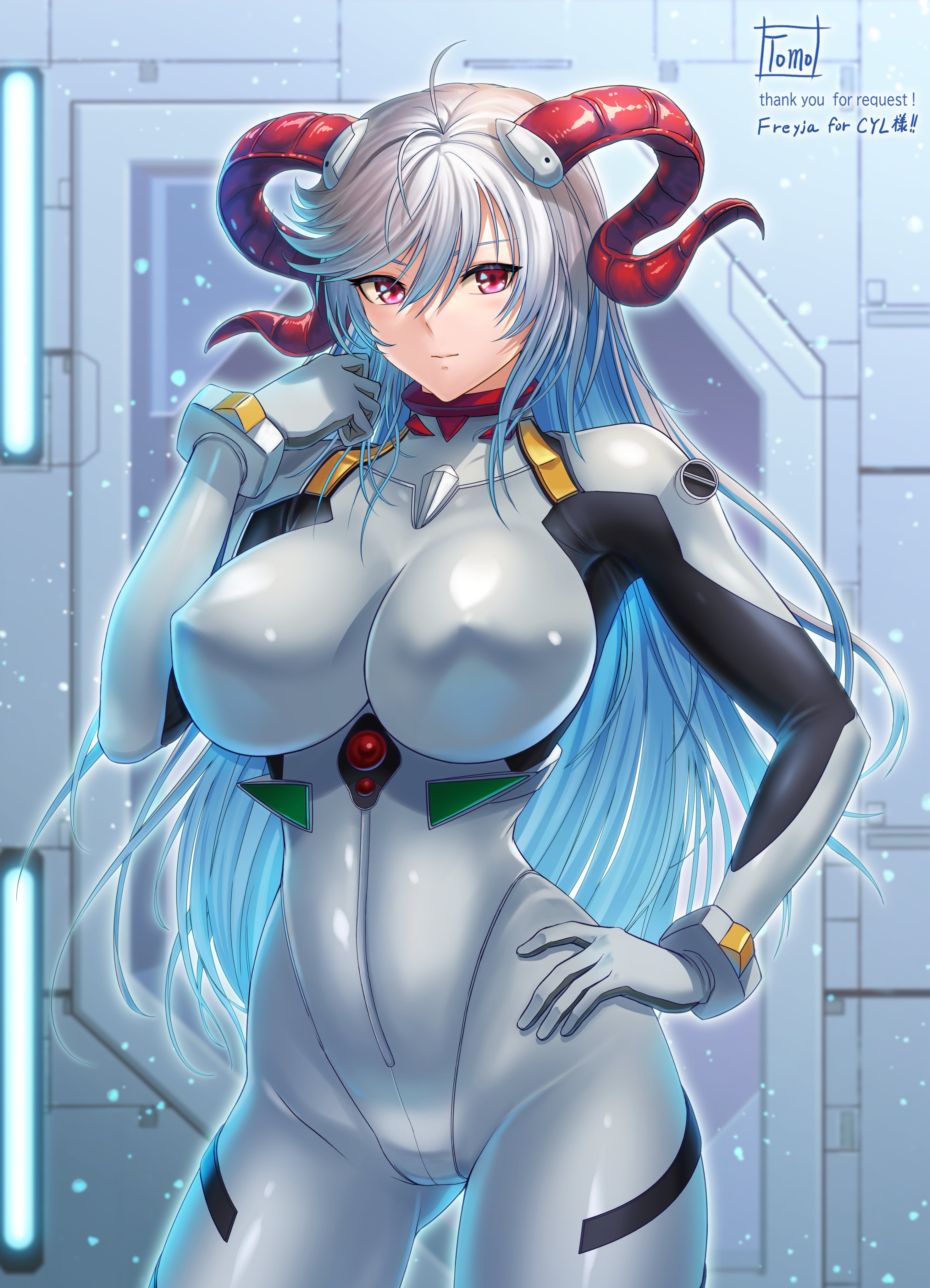 tomo eokaiteru, ayanami rei, freyja (fire emblem), fire emblem, fire emblem heroes, nintendo, absurdres, commission, highres, 1girl, alternate costume, ayanami rei (cosplay), blue hair, blush, bodysuit, breasts, cosplay, covered erect nipples, cowboy shot, curled horns, gluteal fold, goat, goat horns, grey hair, horns, interface headset (evangelion), large breasts, large horns, long hair, looking at viewer, mecha pilot suit, multicolored hair, plugsuit (evangelion), red eyes, red horns, smile, solo, standing, very long hair, white bodysuit, white hair