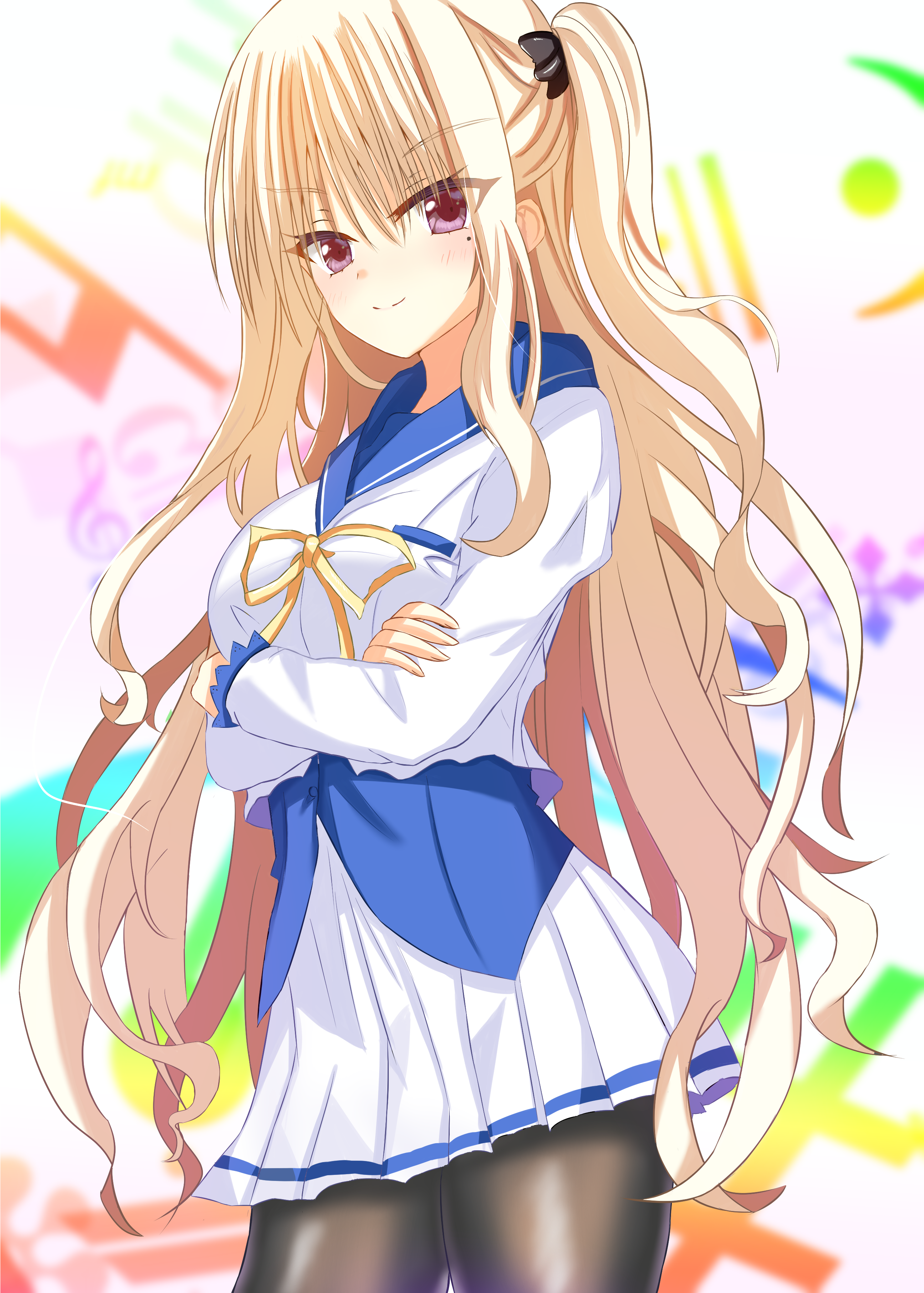 sakuratoru, hibarigaoka yuki, bra-ban!, absurdres, commentary request, highres, >:), 1girl, black bow, black pantyhose, blonde hair, blue corset, blue sailor collar, blurry, blurry background, blush, bow, closed mouth, corset, cowboy shot, crossed arms, eyelashes, eyes visible through hair, hair between eyes, hair bow, long hair, long sleeves, looking at viewer, miniskirt, mole, mole under eye, musical note, one side up, pantyhose, pleated skirt, purple eyes, ribbon, sailor collar, school uniform, serafuku, shirt, sidelocks, simple background, skirt, smile, smug, solo, split mouth, tsurime, v-shaped eyebrows, very long hair, wavy hair, white background, white shirt, white skirt, yellow ribbon