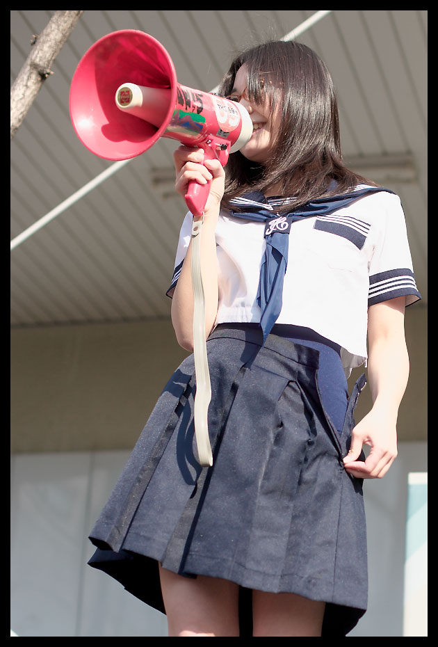 photo (medium), cosplay, glasses, law15, megaphone, one-piece swimsuit, open clothes, open skirt, school swimsuit, school uniform, serafuku, skirt, swimsuit
