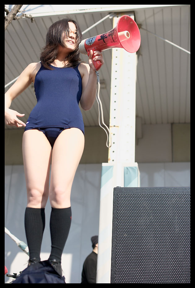 photo (medium), cosplay, glasses, kneehighs, law15, megaphone, one-piece swimsuit, school swimsuit, socks, swimsuit