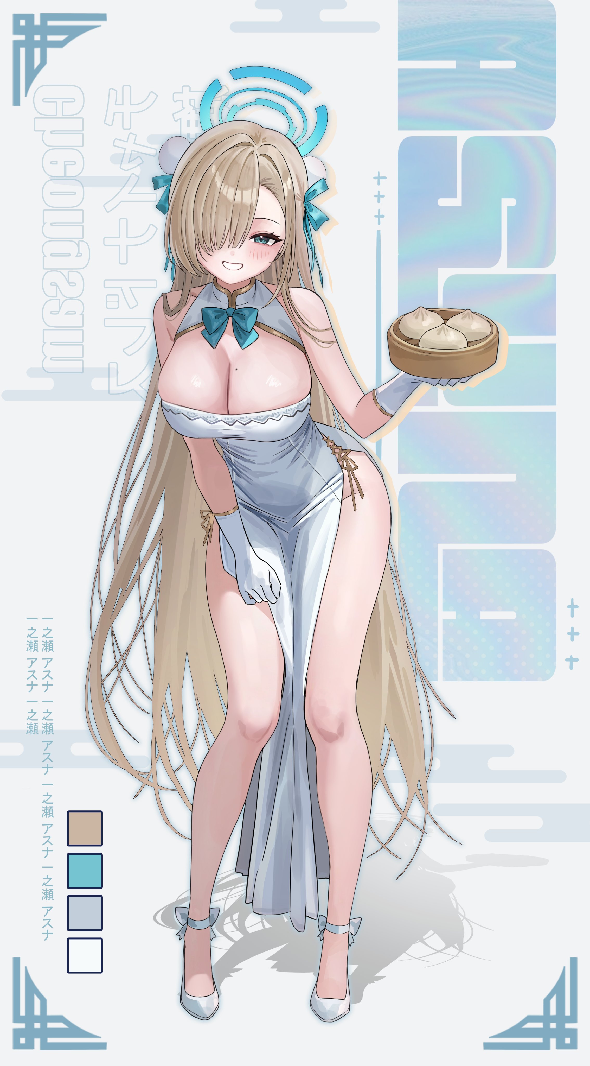 yamu (yamu 030), asuna (blue archive), blue archive, absurdres, highres, 1girl, alternate costume, asymmetrical bangs, bamboo steamer, bare shoulders, blue bow, blue bowtie, blue eyes, blue halo, blush, bow, bowtie, breasts, bun cover, character name, china dress, chinese clothes, cleavage, cleavage cutout, clothing cutout, double bun, dress, food, full body, gloves, grin, hair bun, hair over one eye, hair ribbon, halo, high heels, holding, large breasts, leaning forward, long bangs, long hair, looking at viewer, mole, mole on breast, pelvic curtain, ribbon, side slit, sleeveless, sleeveless dress, smile, solo, standing, steamed bun, thighs, very long hair, white dress, white gloves