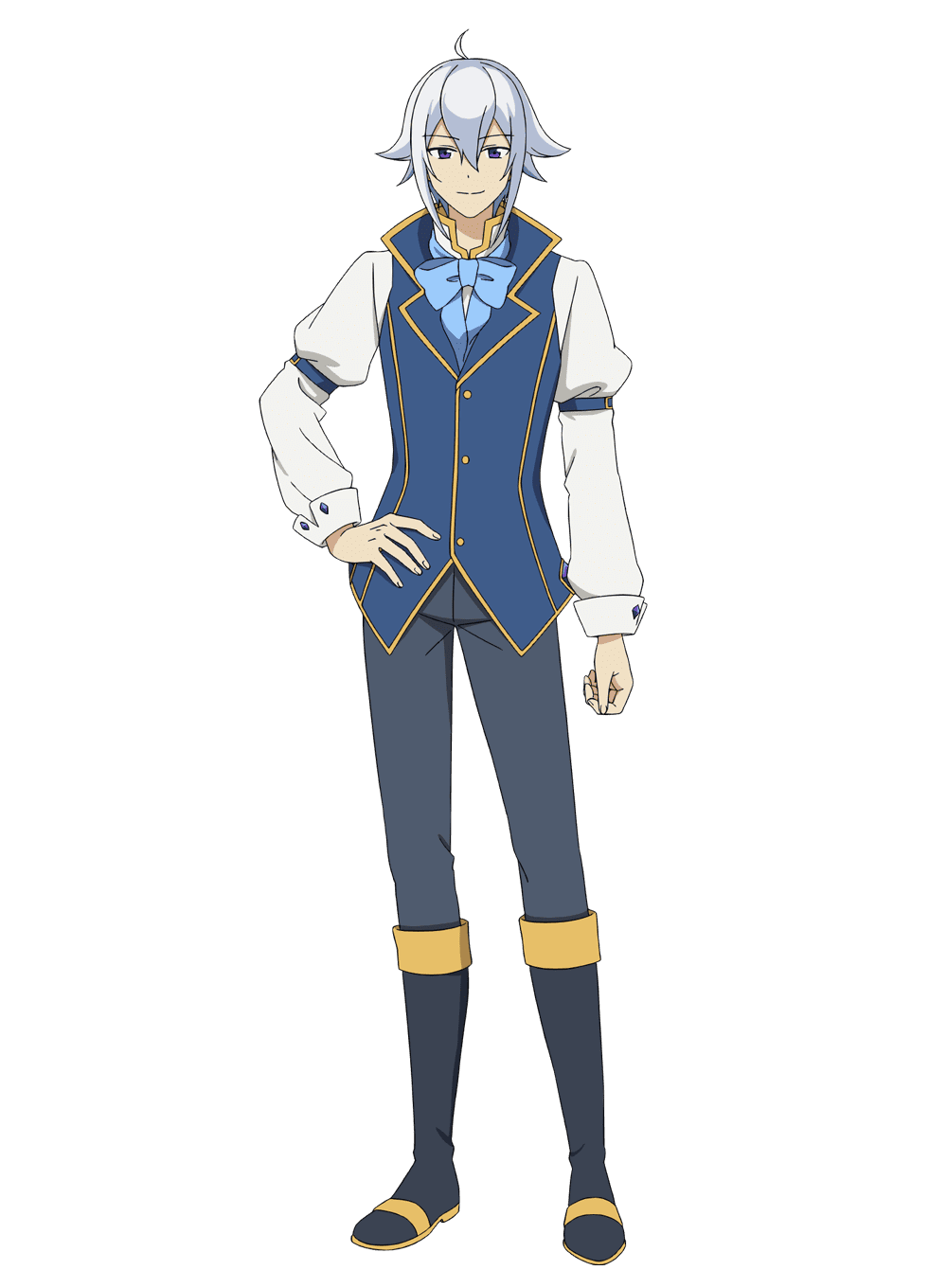 oosawa mina, highres, official art, 1boy, ahoge, anime coloring, arm belt, black boots, blue bow, blue eyes, blue hair, blue vest, boots, bow, bowtie, chichi wa eiyuu haha wa seirei musume no watashi wa tenseisha, closed mouth, collared vest, flipped hair, full body, grey pants, hair between eyes, hand on own hip, long sleeves, looking at viewer, pants, puffy long sleeves, puffy sleeves, rovel (chichi wa eiyuu), shirt, sidelocks, simple background, smile, solo, standing, tachi-e, transparent background, vest, white shirt