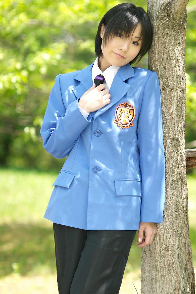 suzukaze yuuki, fujioka haruhi, ouran high school host club, highres, photo (medium), blazer, cosplay, pants, school uniform
