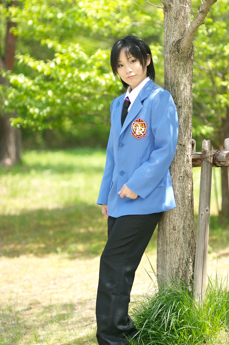 suzukaze yuuki, fujioka haruhi, ouran high school host club, highres, photo (medium), blazer, cosplay, pants, school uniform