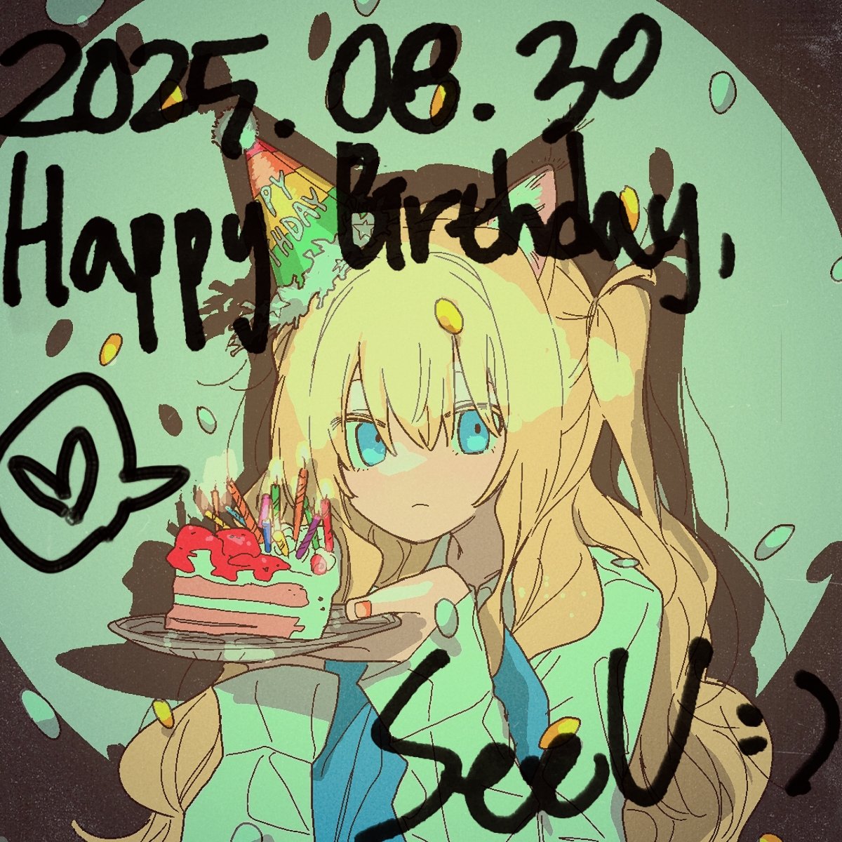 attwn park, seeu, vocaloid, commentary, highres, symbol-only commentary, 1girl, animal ears, blonde hair, blue eyes, cake, cake slice, candle, cat ears, character name, closed mouth, dated, fingernails, food, frown, hair between eyes, happy birthday, hat, heart, holding, holding plate, nail polish, party hat, plate, red nails, shirt, solo, speech bubble, white shirt