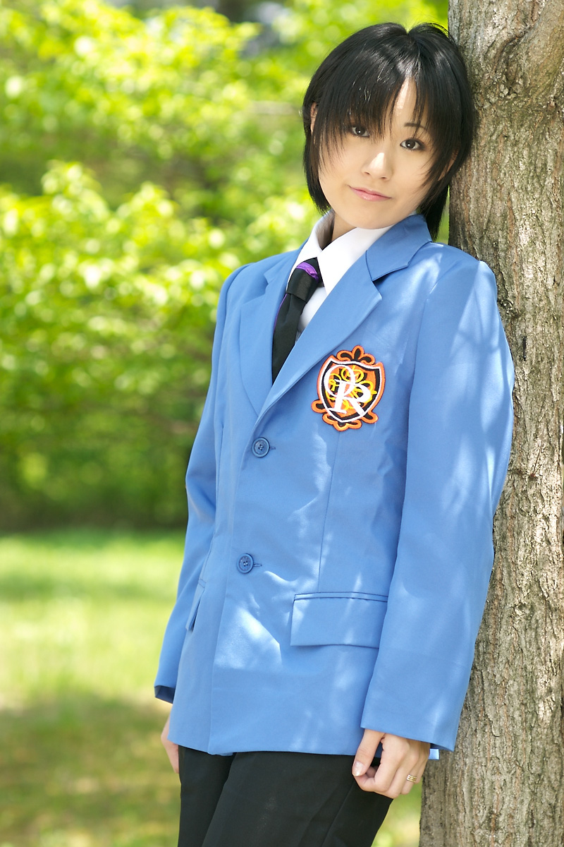 suzukaze yuuki, fujioka haruhi, ouran high school host club, highres, photo (medium), blazer, cosplay, pants, school uniform