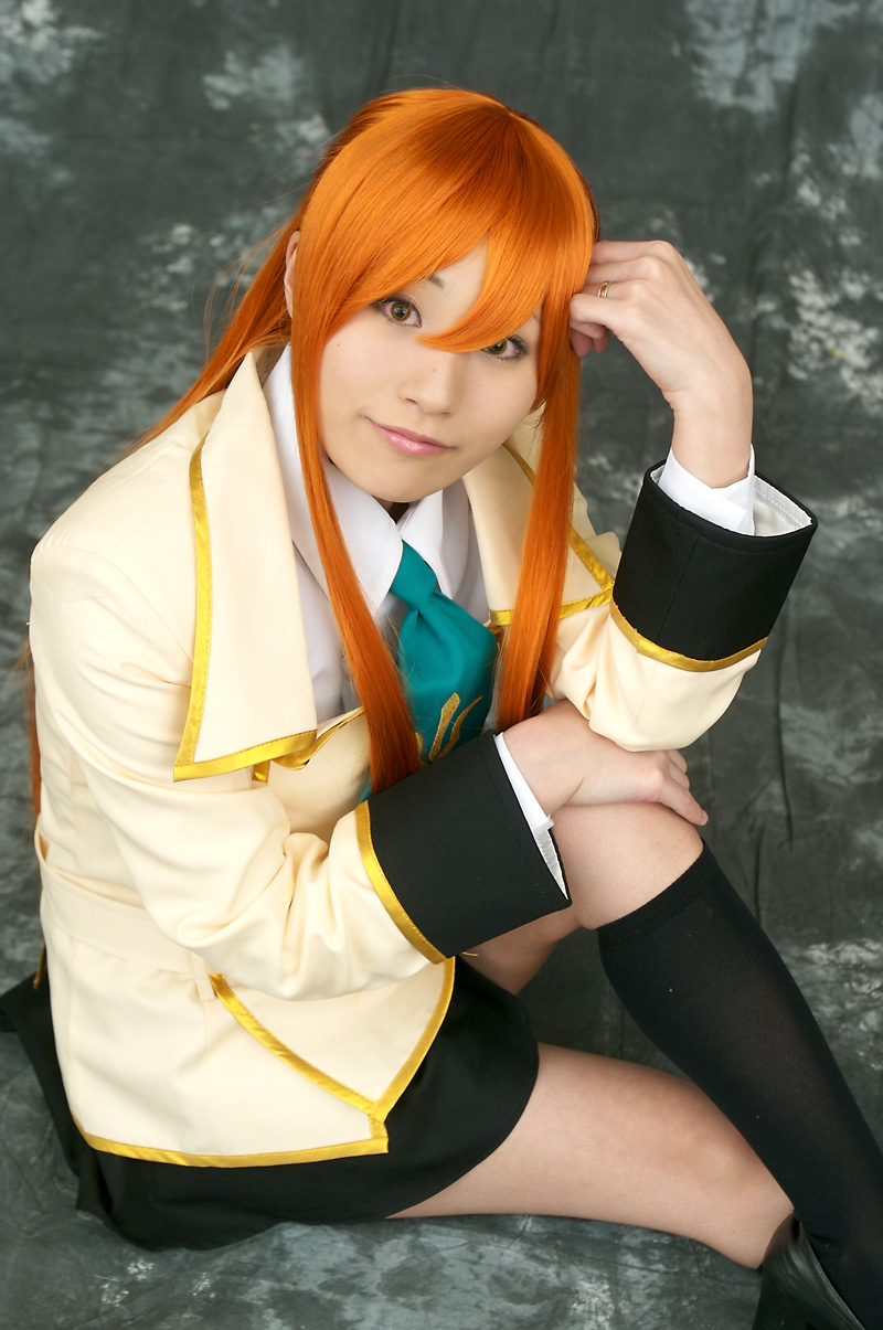 suzukaze yuuki, shirley fenette, code geass, highres, photo (medium), cosplay, kneehighs, orange hair, school uniform, serafuku, socks