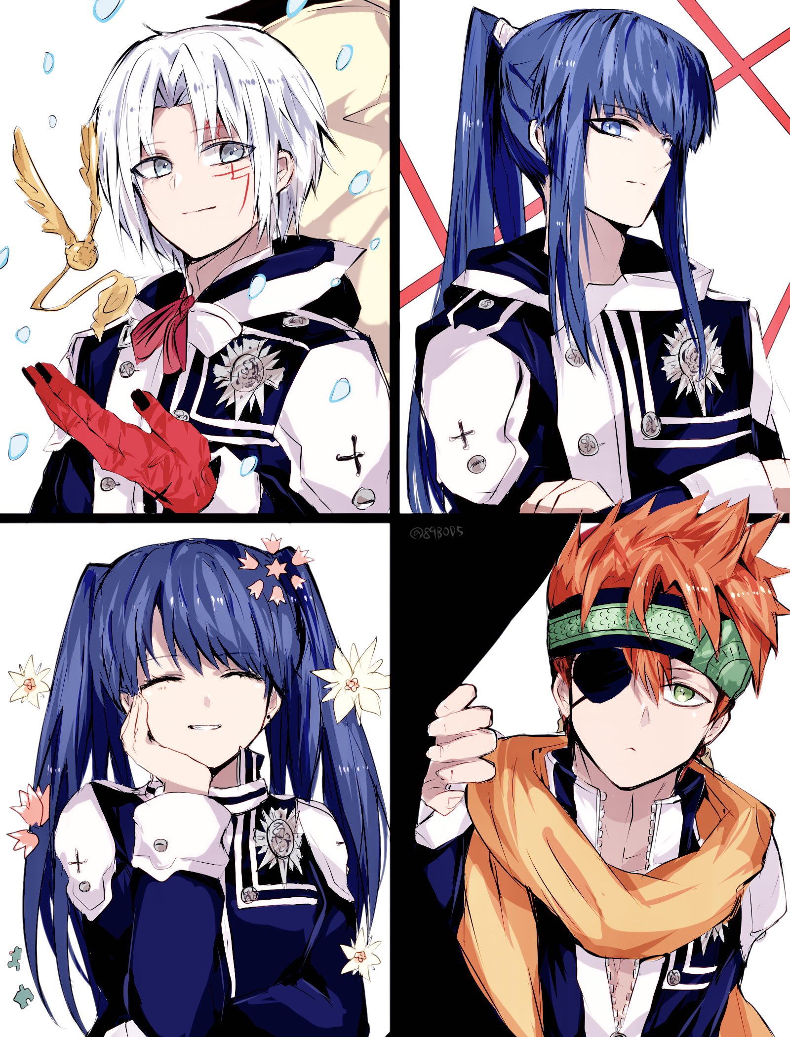 sodamachi, allen walker, kanda yuu, lavi, lenalee lee, timcanpy, d.gray-man, highres, 1girl, 3boys, black coat, black jacket, black nails, black order uniform, blue eyes, blue hair, closed eyes, coat, collared jacket, colored extremities, colored skin, creature, cross, crossed arms, curtains, earrings, emblem, eyepatch, facial mark, facing viewer, flower, forehead mark, front zipper, golem (d.gray-man), green eyes, green headband, grey eyes, hair between eyes, hair ribbon, hand on own chin, headband, high ponytail, hood, hood down, hooded coat, jacket, jewelry, light smile, long hair, looking at viewer, messy hair, multicolored coat, multiple boys, neckerchief, one eye covered, orange hair, orange scarf, parted lips, pink flower, ponytail, puzzle piece, red neckerchief, red ribbon, red skin, ribbon, scar, scar across eye, scar on face, scarf, shirt, short hair, sidelocks, signature, simple background, smile, snow, snowing, spiked hair, split screen, star (symbol), star facial mark, striped clothes, striped coat, striped headband, striped jacket, stud earrings, tail, twintails, twitter username, two-tone coat, vertical-striped clothes, vertical-striped coat, vertical-striped jacket, very long hair, white background, white coat, white flower, white hair, white ribbon, white shirt, wings, zipper