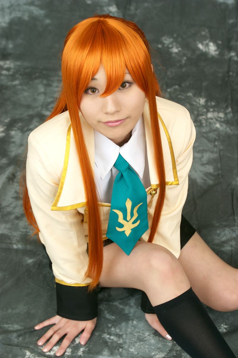 suzukaze yuuki, shirley fenette, code geass, highres, photo (medium), cosplay, kneehighs, orange hair, school uniform, serafuku, socks