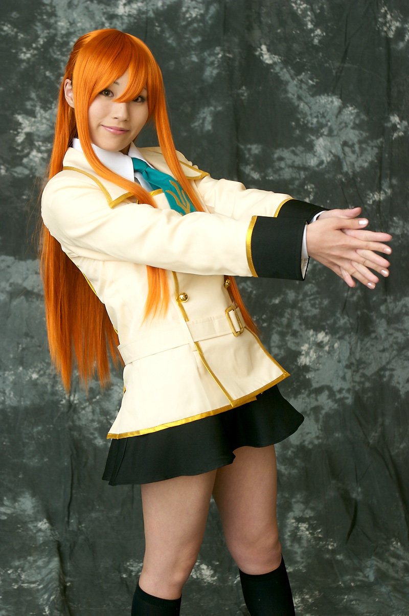 suzukaze yuuki, shirley fenette, code geass, highres, photo (medium), cosplay, kneehighs, orange hair, school uniform, serafuku, socks