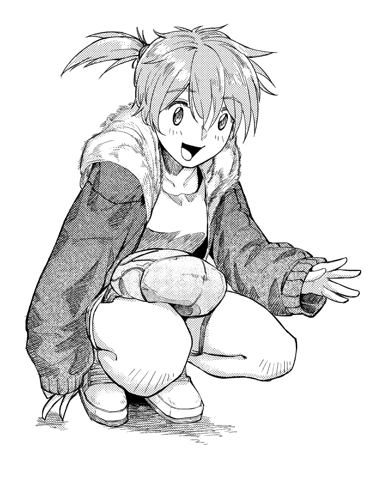misty (pokemon), nintendo, pokemon, pokemon (anime), pokemon (classic anime), pokemon rgby, 1girl, :d, blush, collarbone, fur-trimmed jacket, fur trim, hair between eyes, hair tie, jacket, long sleeves, looking at viewer, open clothes, open jacket, open mouth, shirt, shoes, short hair, short shorts, shorts, side ponytail, sleeves past wrists, smile, solo, squatting