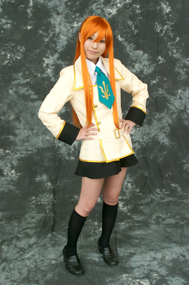 suzukaze yuuki, shirley fenette, code geass, highres, photo (medium), cosplay, kneehighs, orange hair, school uniform, serafuku, socks