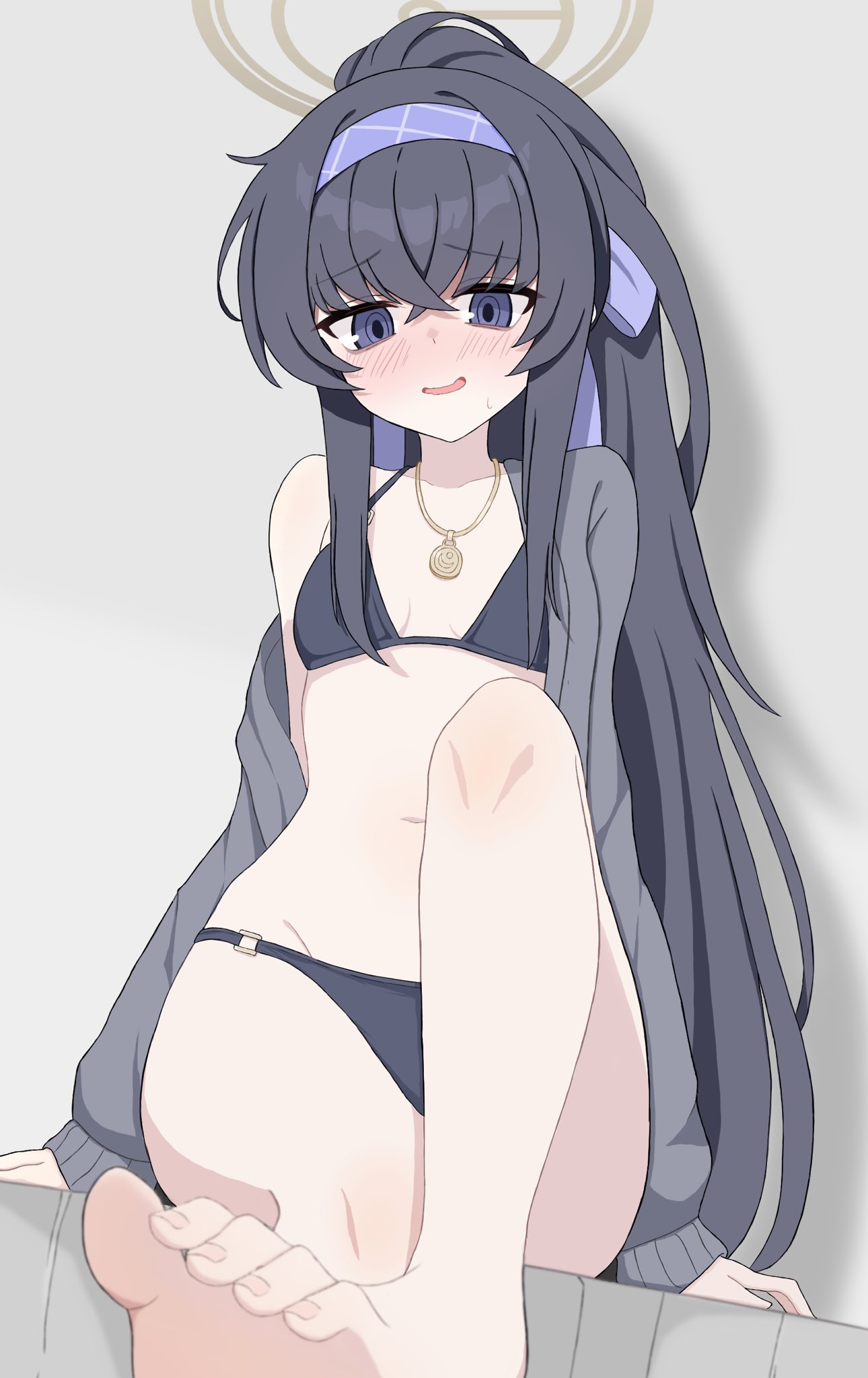 ui (blue archive), ui (swimsuit) (blue archive), blue archive, highres, 1girl, applique (appu lique), barefoot, black bra, black hair, black panties, blue eyes, blush, bra, dutch angle, hairband, halo, jewelry, long hair, looking at viewer, necklace, open mouth, panties, ponytail, simple background, smile, solo, underwear