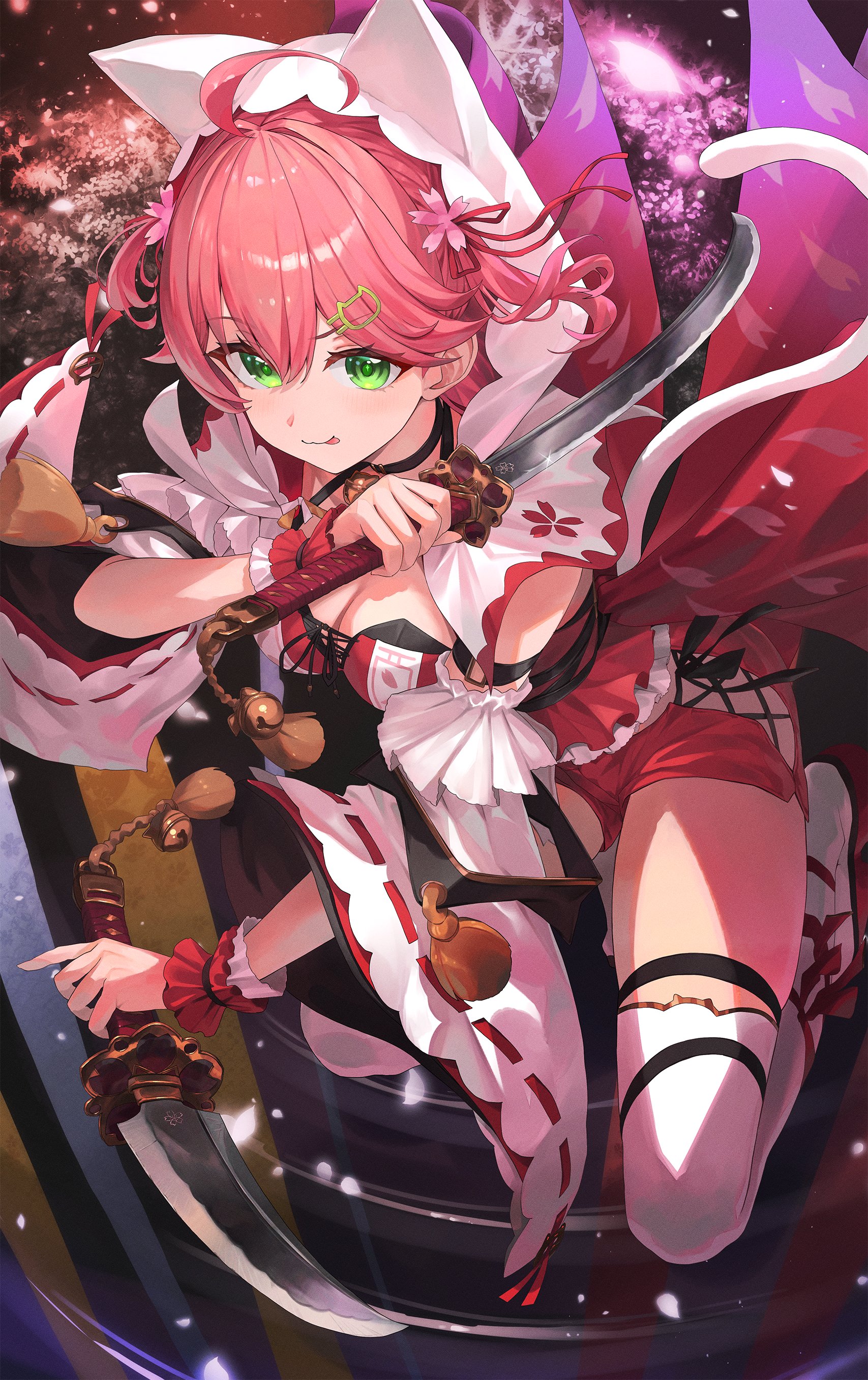 atatatatame01, sakura miko, sakura miko (work), hololive, absurdres, commentary request, duplicate, highres, 1girl, :p, ahoge, animal hood, back bow, bell, black choker, boots, bow, breasts, capelet, cat hair ornament, cat hood, cat tail, cherry blossom print, choker, cleavage, clothing cutout, cross-laced clothes, cross-laced shorts, cross-laced slit, cross-laced top, double-parted bangs, dual wielding, floral print, green eyes, hair between eyes, hair ornament, hairclip, hip vent, holding, holding sword, holding weapon, hood, hood up, huge bow, jingle bell, knife, large breasts, long sleeves, looking at viewer, medium hair, neck bell, o-ring arm strap, official alternate costume, official alternate hair length, official alternate hairstyle, pink hair, red shorts, short shorts, shorts, solo, sword, tail, thigh boots, thigh strap, tongue, tongue out, two side up, virtual youtuber, weapon, white boots, white capelet, white sleeves, wide sleeves, wrist cuffs